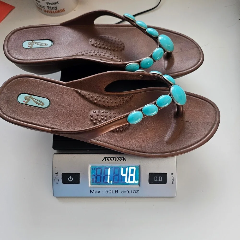 Oka-B Womens Turquoise Cabochon Wedge Sandals ML 8.5-9.5 Copper Southwestern